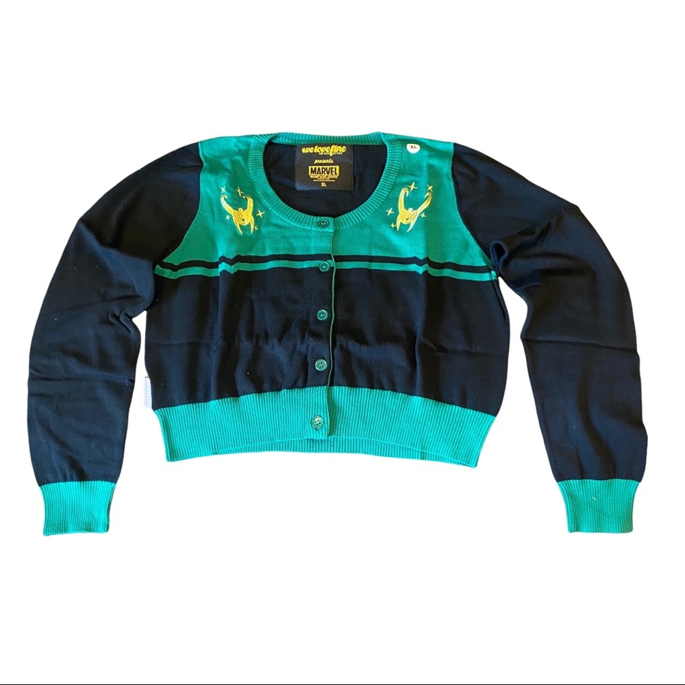 Marvel Thor Loki Helm Vintage Crop Cardigan Sweater - Picture 4 of 12
